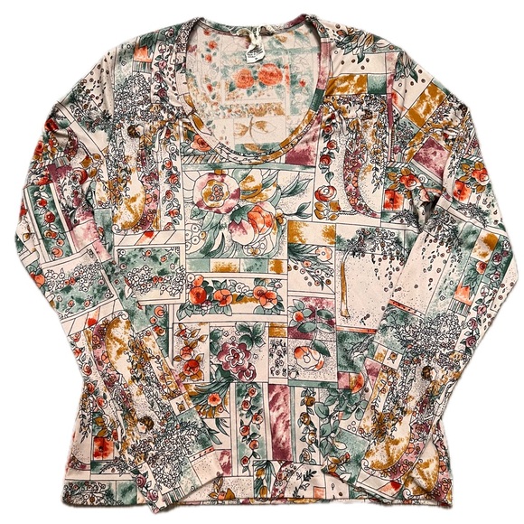 Vintage Tops - Rare 1970s vintage floral flowers print art nouveau long sleeve top geometric